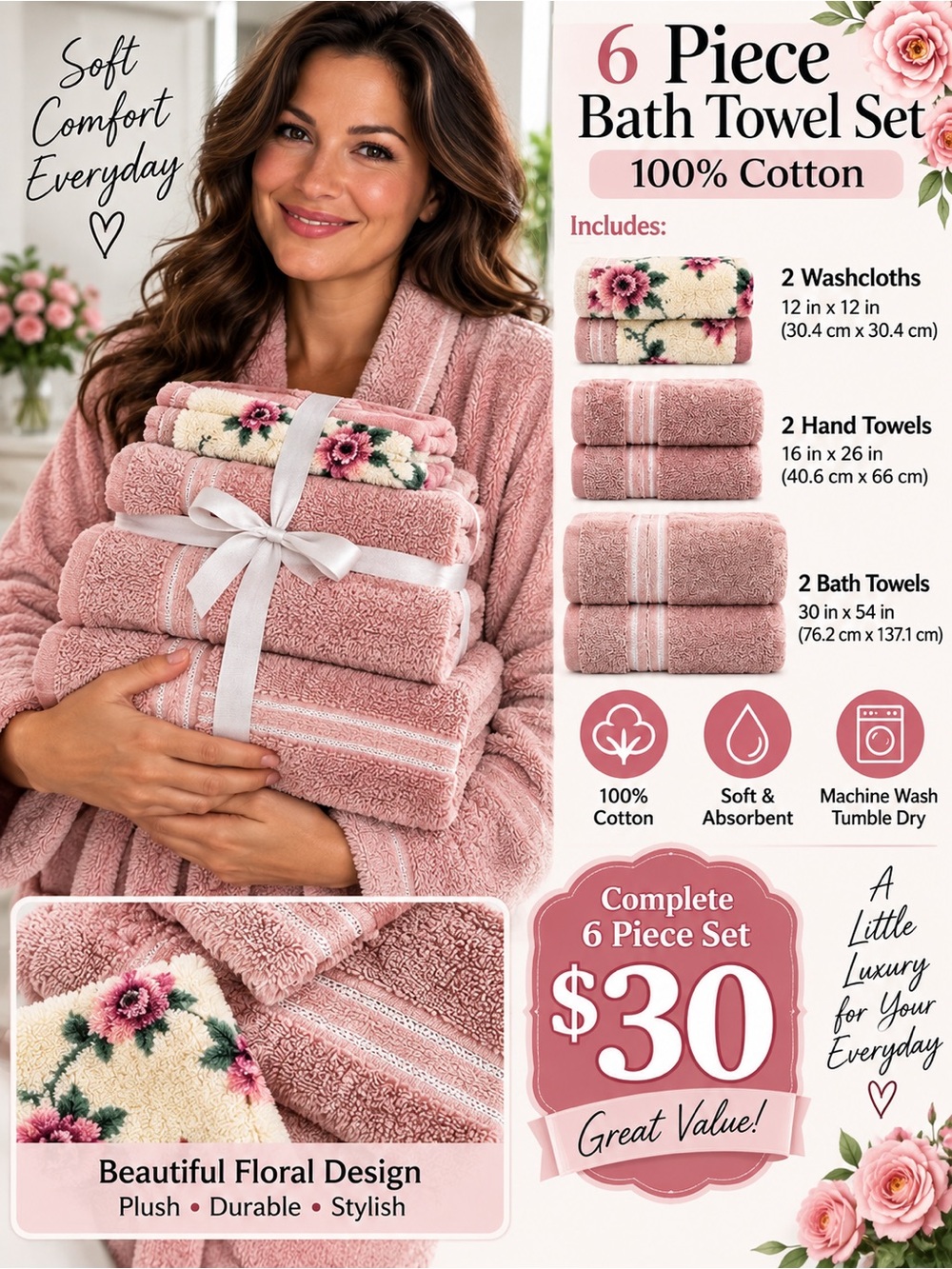 Set of 6 Target Pink Floral Bath Towel